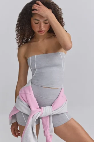 Top bandeau Soft Active cu borduri contrastante, în culoarea gri melanj