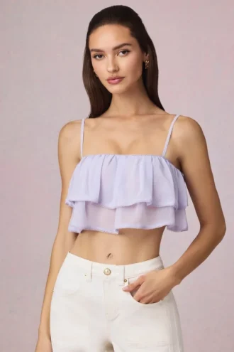 Top camisol scurt cu volane Lacie, în culoarea liliac