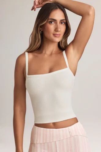 Top camisole cu gât pătrat din modal Lai, alb