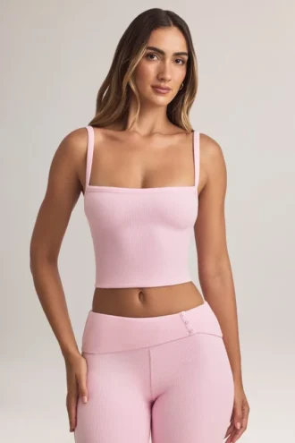 Top camisole cu gât pătrat din modal Lai, în roz pastel