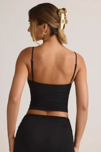 Top camisole Elma cu decolteu în V și volane, din TENCEL™ Modal, negru