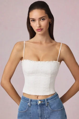 Top camisole Hania din modal cu broderie englezească, alb