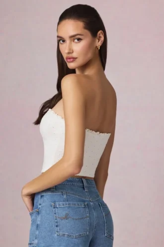 Top camisole Hania din modal cu broderie englezească, alb