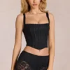 Top corset ajustabil cu decolteu rotund din dantelă Jemara, negru