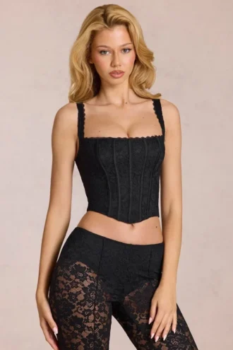 Top corset ajustabil cu decolteu rotund din dantelă Jemara, negru