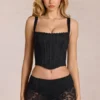 Top corset ajustabil cu decolteu rotund din dantelă Jemara, negru