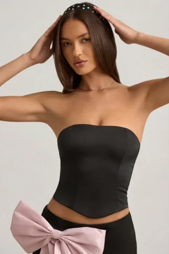 Top corset Audrina cu decupaje și detaliu fundă, negru