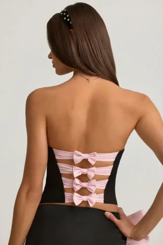 Top corset Audrina cu decupaje și detaliu fundă, negru