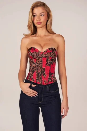 Top corset bandeau cu șireturi, imprimeu leopard roz