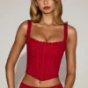 Top corset cu balenă și decolteu rotund din dantelă Cherith, în roșu intens Top corset cu balenă și decolteu rotund din dantelă Cherith, în roșu intens