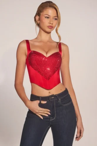 Top corset cu decolteu în formă de inimă și șireturi Allure, în culoarea roșu trandafir
