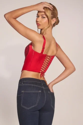 Top corset cu decolteu în formă de inimă și șireturi Allure, în culoarea roșu trandafir