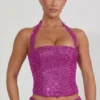 Top corset cu gât halter și ornamente Caralie, în culoarea magenta Top corset cu gât halter și ornamente Caralie, în culoarea magenta