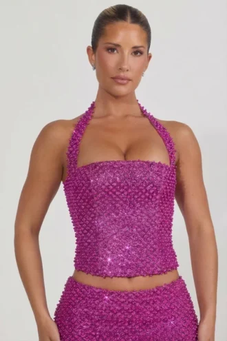 Top corset cu gât halter și ornamente Caralie, în culoarea magenta