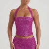 Top corset cu gât halter și ornamente Caralie, în culoarea magenta Top corset cu gât halter și ornamente Caralie, în culoarea magenta