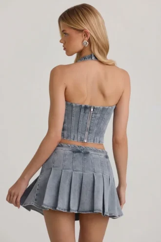 Top corset cu gât în V Lotta, albastru deschis