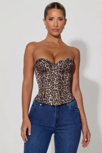 Top corset cu șireturi Araminta cu imprimeu leopard