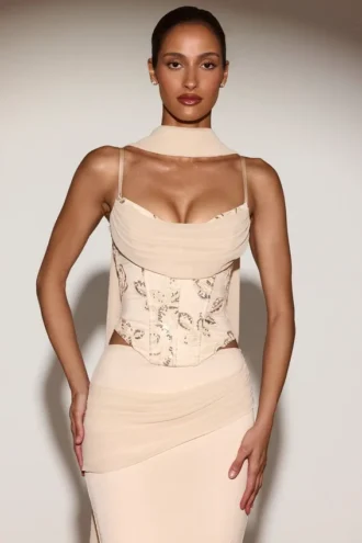 Top corset cu șireturi și ornamente Junelle, cu eșarfă, în culoarea auriu
