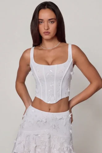 Top corset cu șireturi și ornamente Letitia, alb