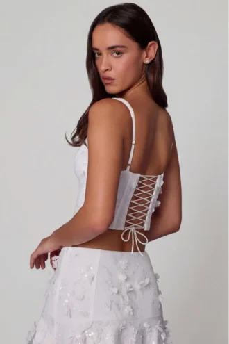 Top corset cu șireturi și ornamente Letitia, alb