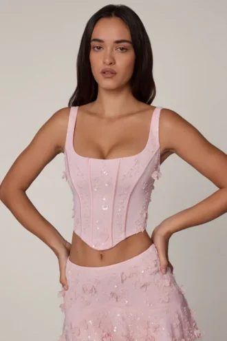 Top corset cu șireturi și ornamente Letitia, roz pal