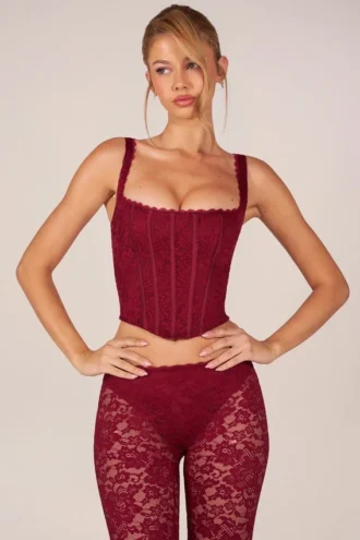 Top corset cu șireturi Jemara în roșu cireș