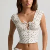 Top corset din poplin de bumbac cu volane Faela, cu imprimeu de trandafiri