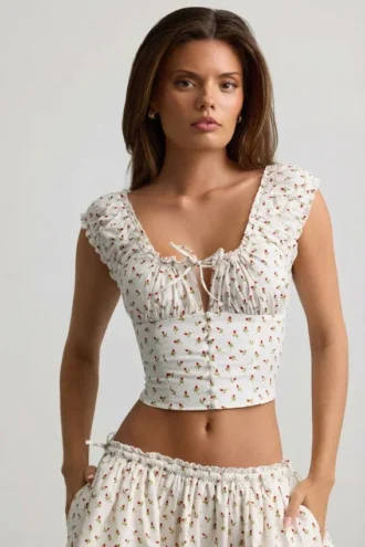 Top corset din poplin de bumbac cu volane Faela, cu imprimeu de trandafiri