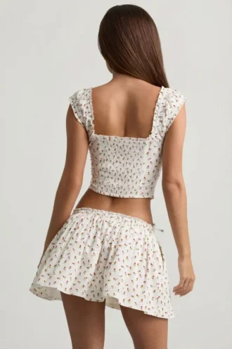 Top corset din poplin de bumbac cu volane Faela, cu imprimeu de trandafiri