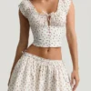Top corset din poplin de bumbac cu volane Faela, cu imprimeu de trandafiri