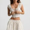 Top corset din poplin de bumbac cu volane Faela, cu imprimeu de trandafiri