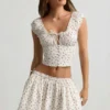 Top corset din poplin de bumbac cu volane Faela, cu imprimeu de trandafiri