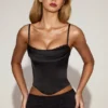 Top corset din satin Eirwen cu guler drapat și șireturi, negru