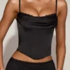 Top corset din satin Eirwen cu guler drapat și șireturi, negru