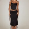 Top corset din satin Eirwen cu guler drapat și șireturi, negru