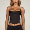 Top corset din satin Eirwen cu guler drapat și șireturi, negru