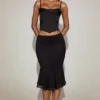 Top corset din satin Eirwen cu guler drapat și șireturi, negru