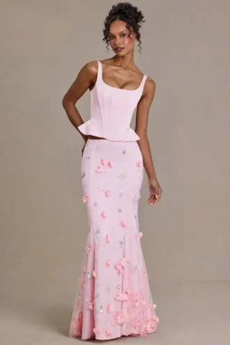 Top corset din satin premium cu șireturi Elvira, în roz pal