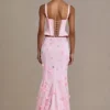 Top corset din satin premium cu șireturi Elvira, în roz pal