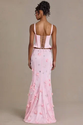 Top corset din satin premium cu șireturi Elvira, în roz pal