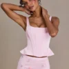Top corset din satin premium cu șireturi Elvira, în roz pal