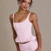 Top corset din satin premium cu șireturi Elvira, în roz pal
