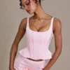 Top corset din satin premium cu șireturi Elvira, în roz pal