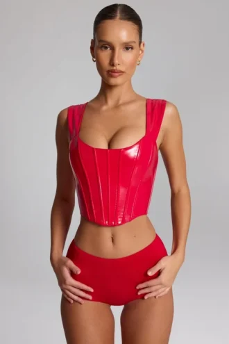 Top corset din vinil cu șireturi Lamiya în roșu aprins