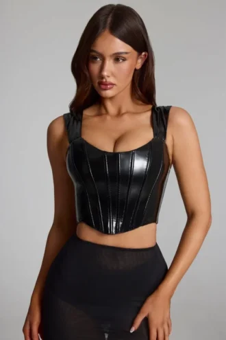 Top corset din vinil cu șireturi Lamiya, negru