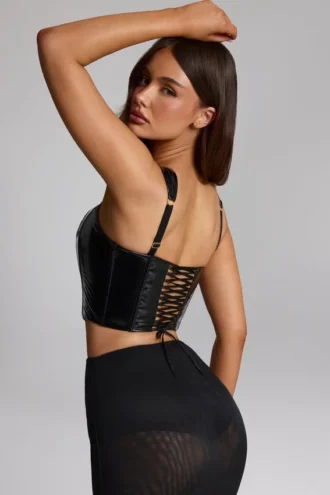 Top corset din vinil cu șireturi Lamiya, negru