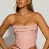 Top corset drapat cu ornamente, din argint, în nuanța roz lavandă Top corset drapat cu ornamente, din argint, în nuanța roz lavandă