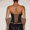 Top corset drapat din satin cu șireturi Yulea, negru-violet Top corset drapat din satin cu șireturi Yulea, negru-violet