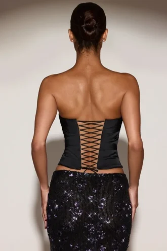 Top corset drapat din satin cu șireturi Yulea, negru-violet Top corset drapat din satin cu șireturi Yulea, negru-violet