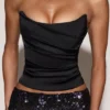 Top corset drapat din satin cu șireturi Yulea, negru-violet Top corset drapat din satin cu șireturi Yulea, negru-violet
